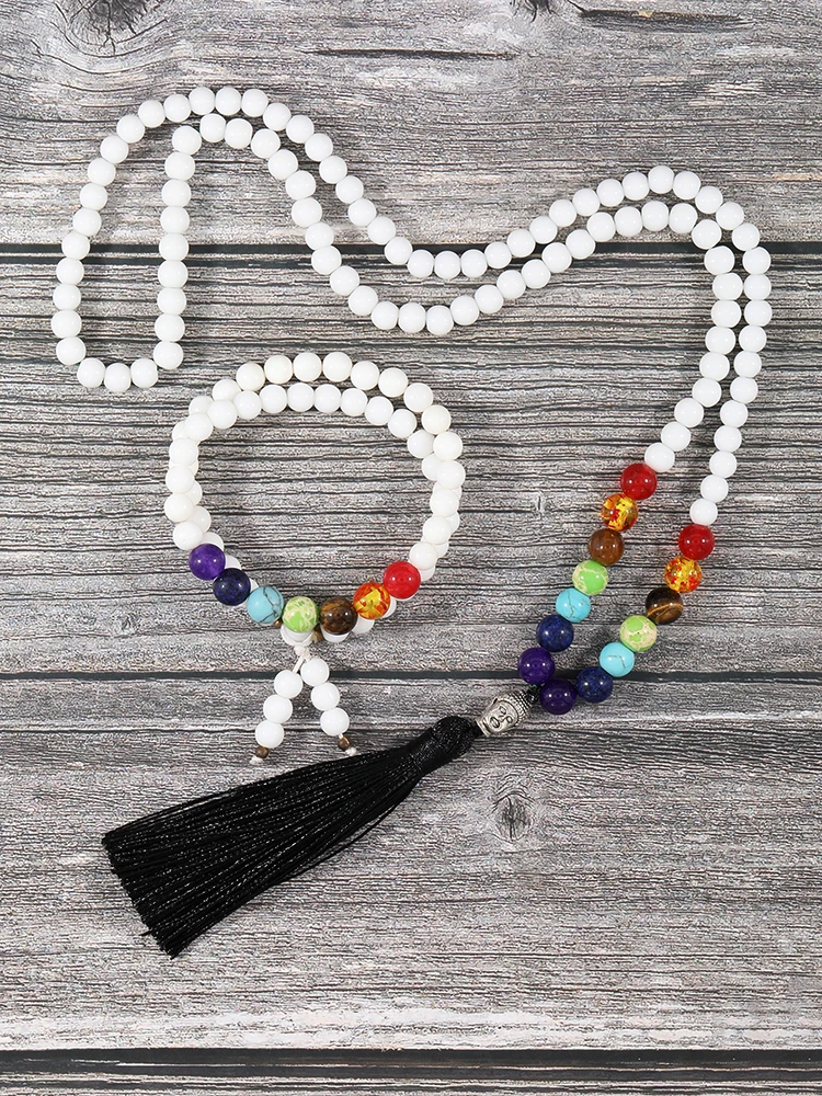 

YUOKIAA 8mm Japamala Set 108 Beads Mala Buddha Tassel Knoted Necklace 7 Chakra Porcelain White Stone Meditation Bracelet Jewelr