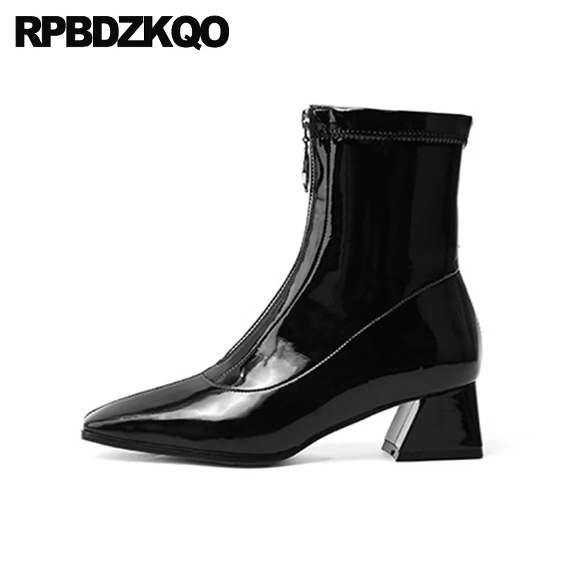 Женские ботильоны из лакированной кожи черные ботинки на высоком массивном