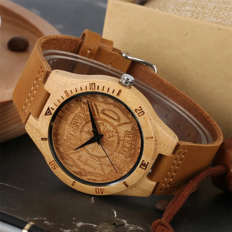 

REDFIRE Engraved Firefighter Display Men's Bamboo Wood Watches Brown Genuine Leather Band Quartz Timepiece for Men Boy