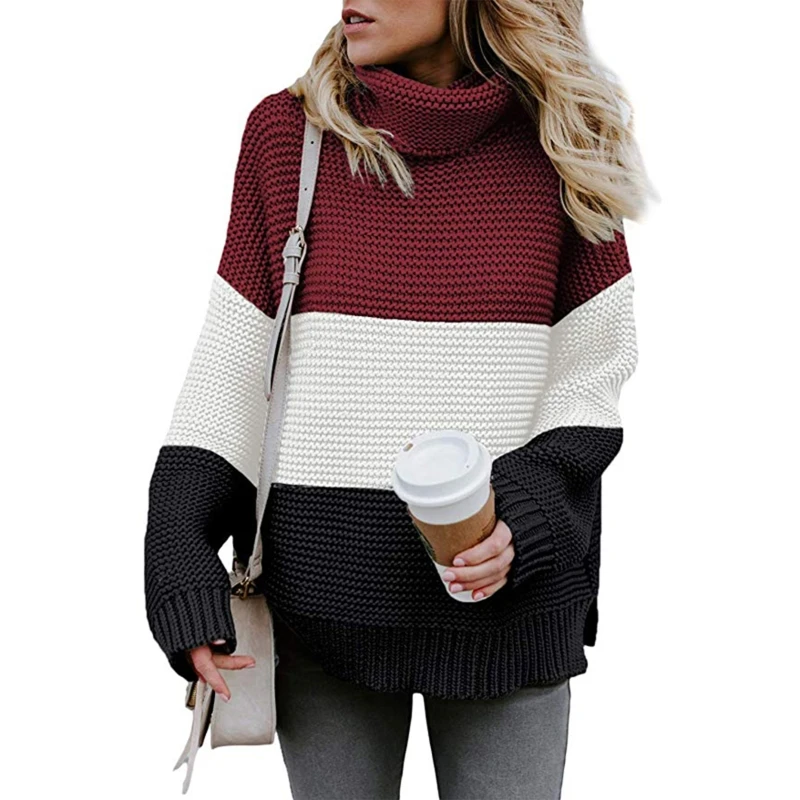 

Women Autumn Winter Long Sleeves Turtleneck Sweater Stitching Color Pullover M5TE