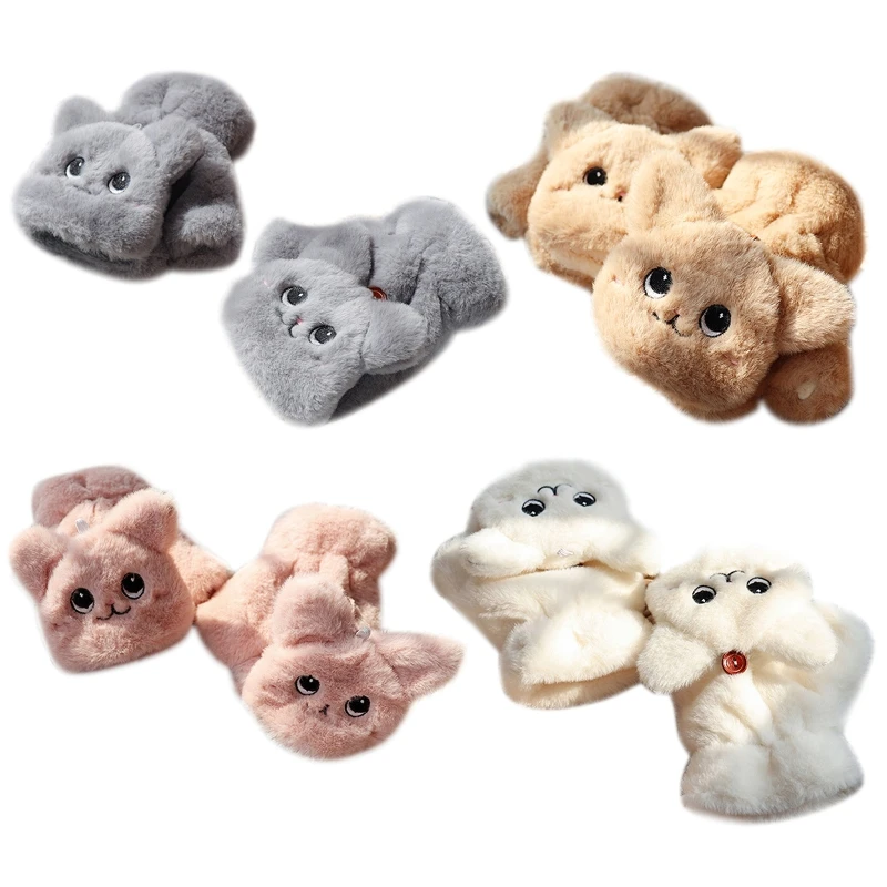 

Women Thicken Plush Warm Half Finger Gloves Cute Cat Convertible Flip Mittens