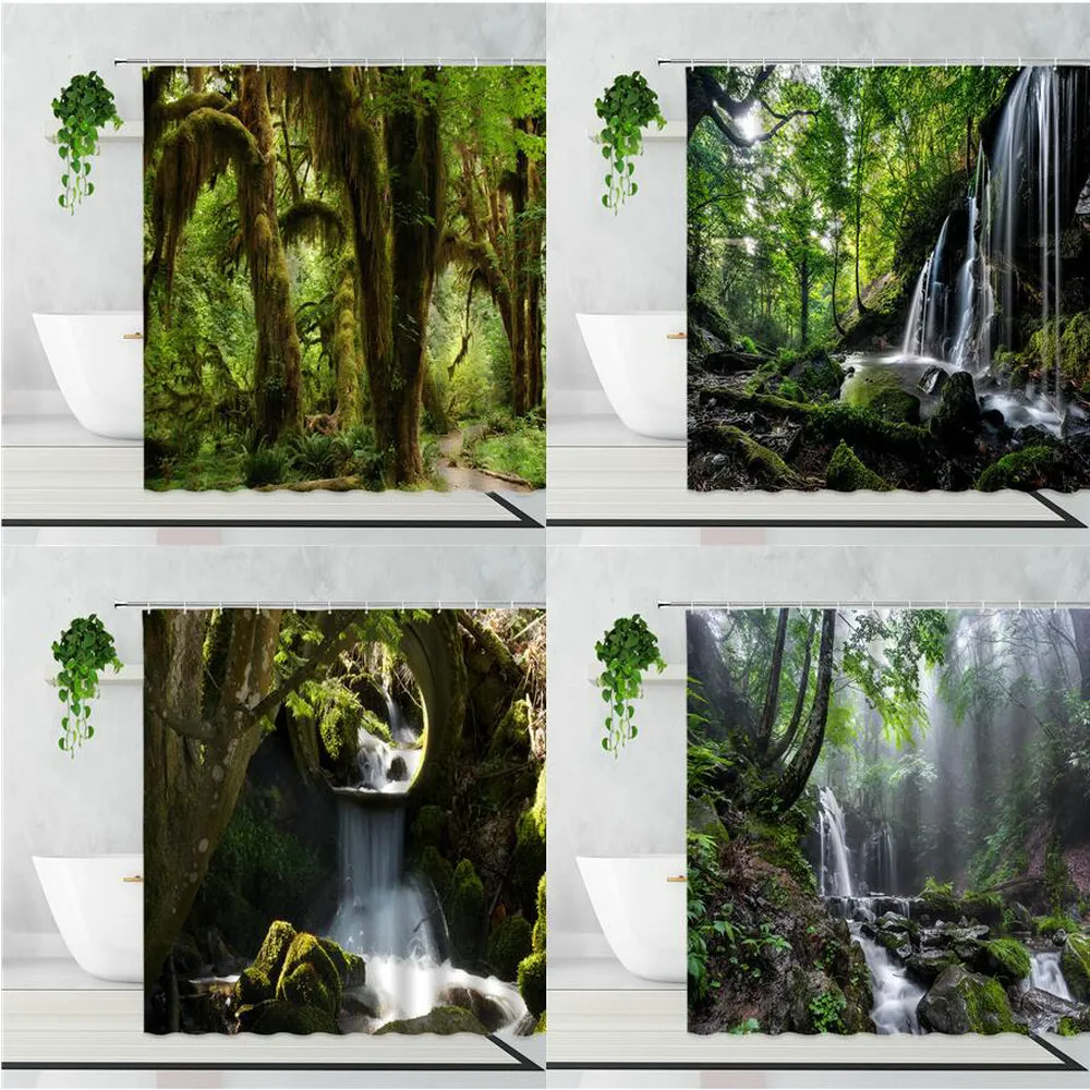 

3D Green Jungle Waterfall Shower Curtain Tropical Forest Banyan Tree Cave Stone Bridge Scenery Bathroom Decoration Bath Curtains