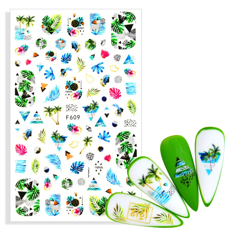 

3D самоклеящаяся ногтей Наклейка цветок с лиственным деревом зеленого цвета Простые Летние подельные Стикеры для маникюра ногтей маникюр с ...
