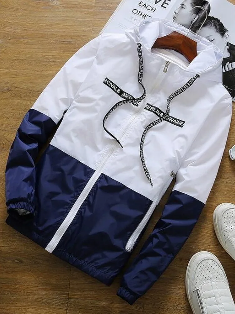 Ветровка мужская Тонкая с капюшоном легкая куртка-бомбер надписью для студентов