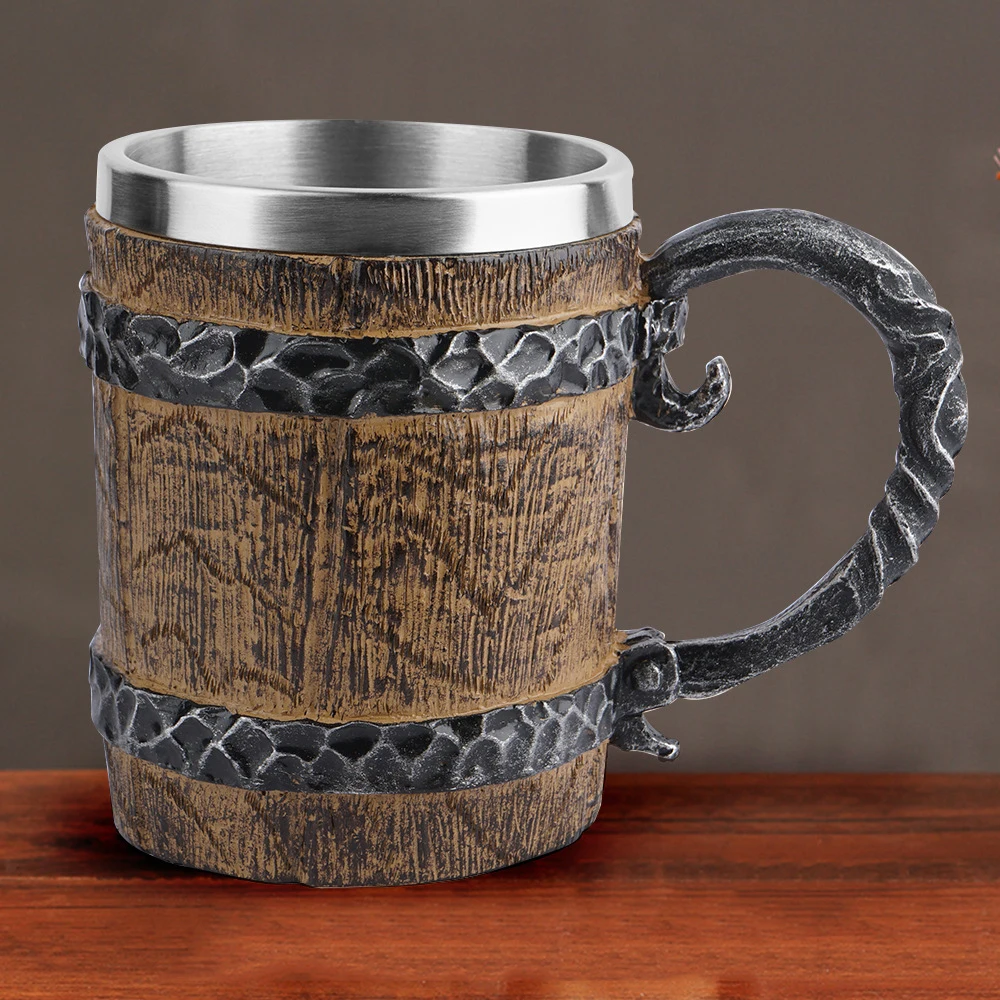 

Viking Wood Style Iron Beer Mug Simulation Wooden Barrel Beer Cup Handmade Durable Cup Oak Wood Cup For Water Beer Drinking