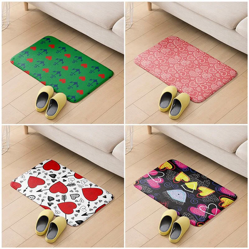 

New Red Heart Pattern Non Slip Door Mat Thick Soft Flannel Carpet Rug Absorbent Dirt Trapper Mats Home Interior Decor Floor Mat