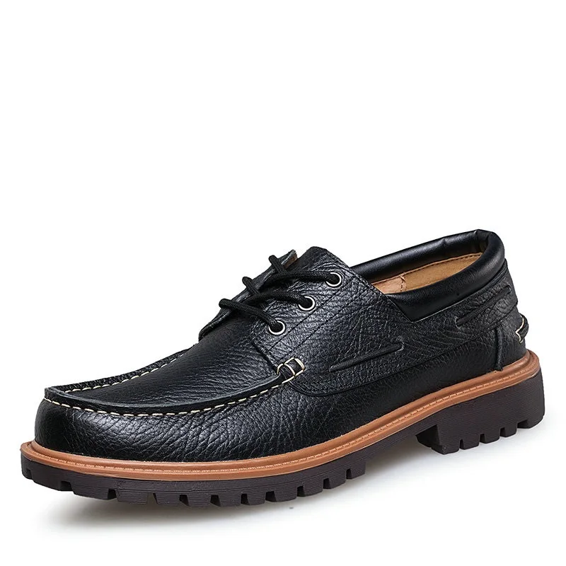 Black casual shoes Мужские Водонепроницаемые мокасины; сезон весна-лето; повседневная обувь на плоской подошве со шнуровкой и круглым носком; удобная мужская обувь ручной работы из натуральной кожи; walkerpeak - Цвет: Black casual shoes