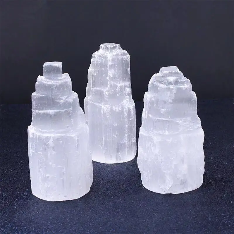 

Natural White Quartz Gypsum Healing Hand Carved Rayfound Home Decoration Lighting Accessories Stone Tower