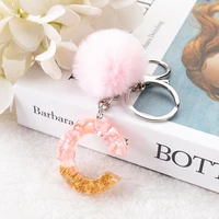 1pc english letter keyring pink stone gold leaf resin keychain with puffer ball words handbag charms for woman