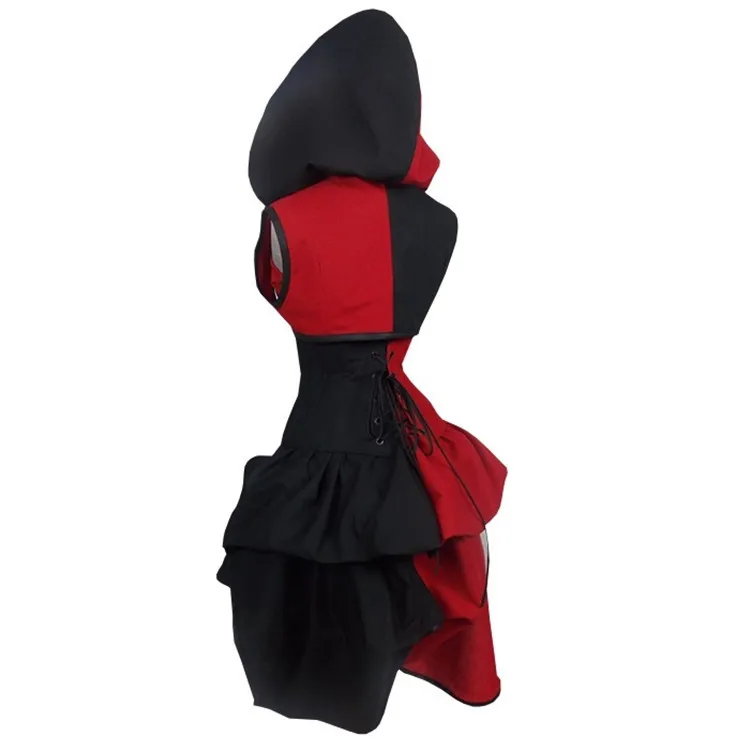 

Cosplay Medieval Hooded Black Red Color Splice Women Dress Nightclub Bar Clown Performance Halloween Costumes C65282AD