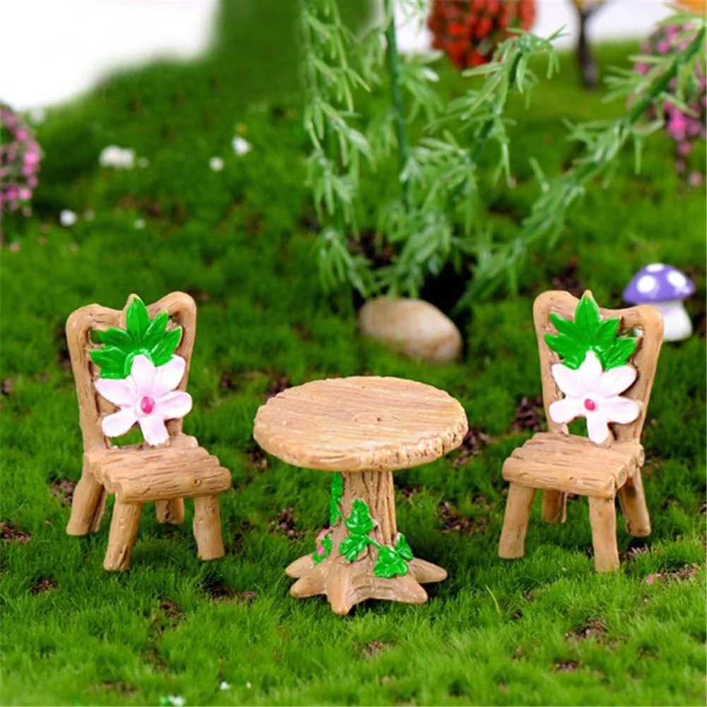

3pcs Floral Table Chairs Moss Micro Landscape Resin Craft Ornaments