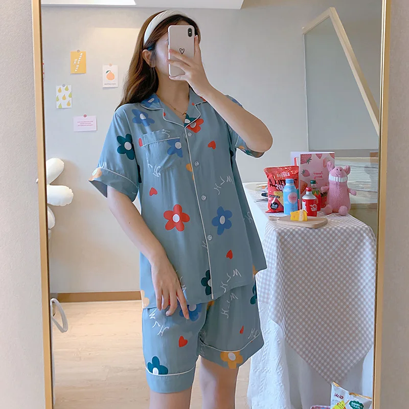 Women Pajamas Suit Short Sleeve Trousers Pants Shirt Set Pijamas Summer New Fashion Cute Flowers Lady Soft Comfortable Homewear