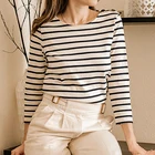 Женская хлопковая футболка в полоску, Повседневная Винтажная футболка с длинным рукавом и круглым вырезом, осень 2022