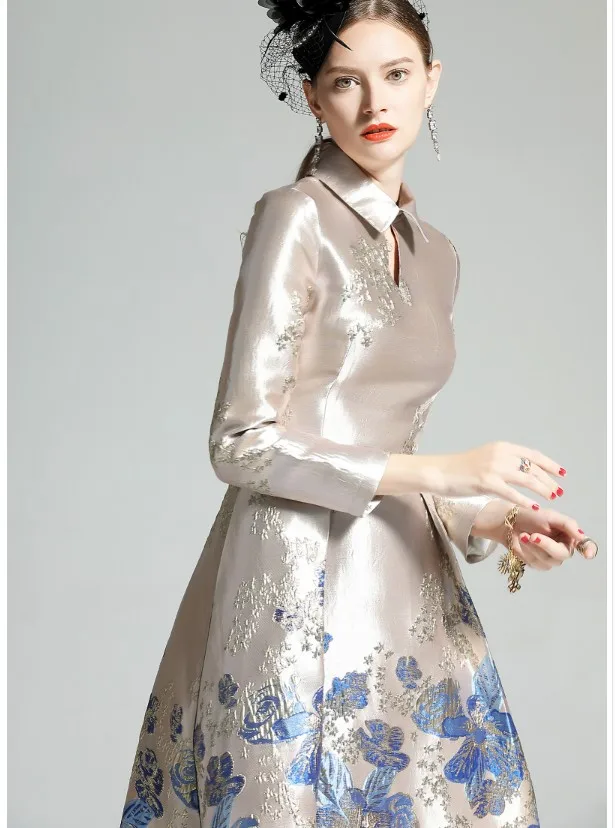 Женское жаккардовое платье с отложным воротником Элегантное Длинное