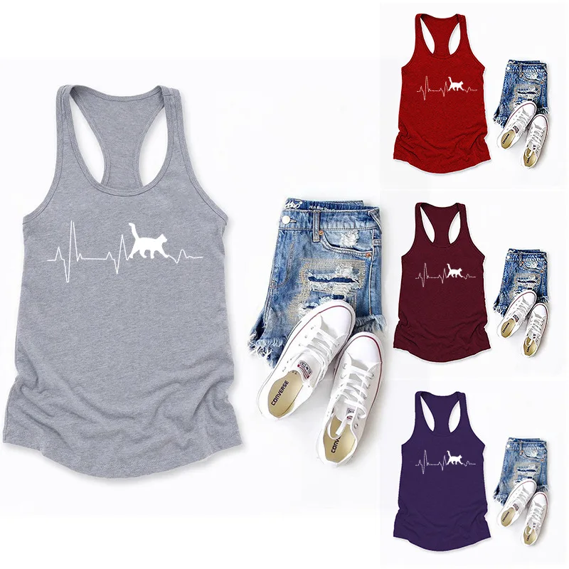 

Heartbeat Cat Printed Crop Top Women Sleeveless O Neck Tank Top Summer Ladies Casual Loose Vest Haut Femme Ropa Mujer