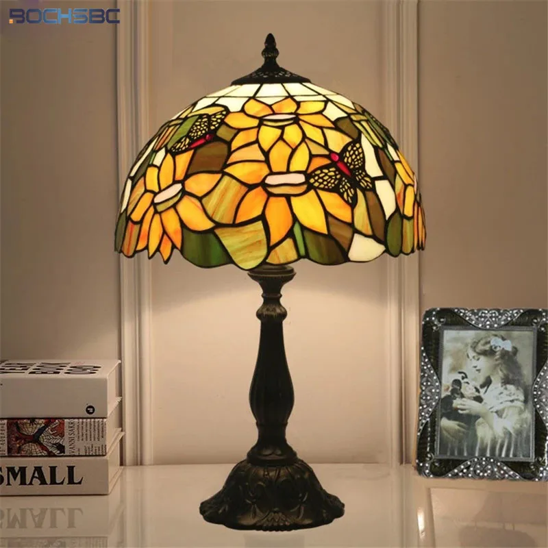 

BOCHSBC tiffany style table lamp yellow sunflower butterfly chrysanthemum lampshade 12 inch stained glass desk light handicraft
