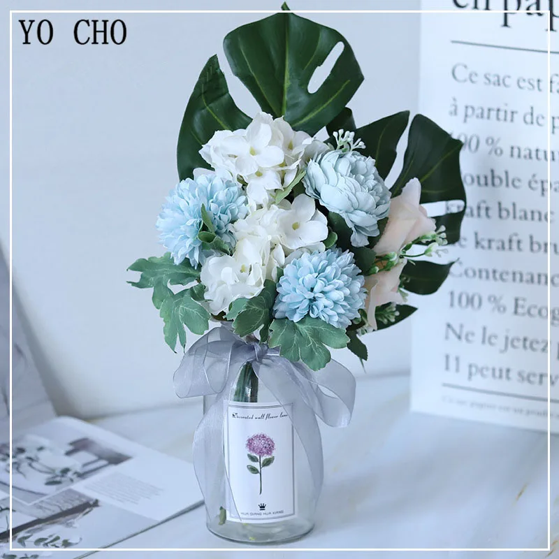 Свадебный букет YO CHO искусственные цветы шелковые розы розовые помпоны гортензии