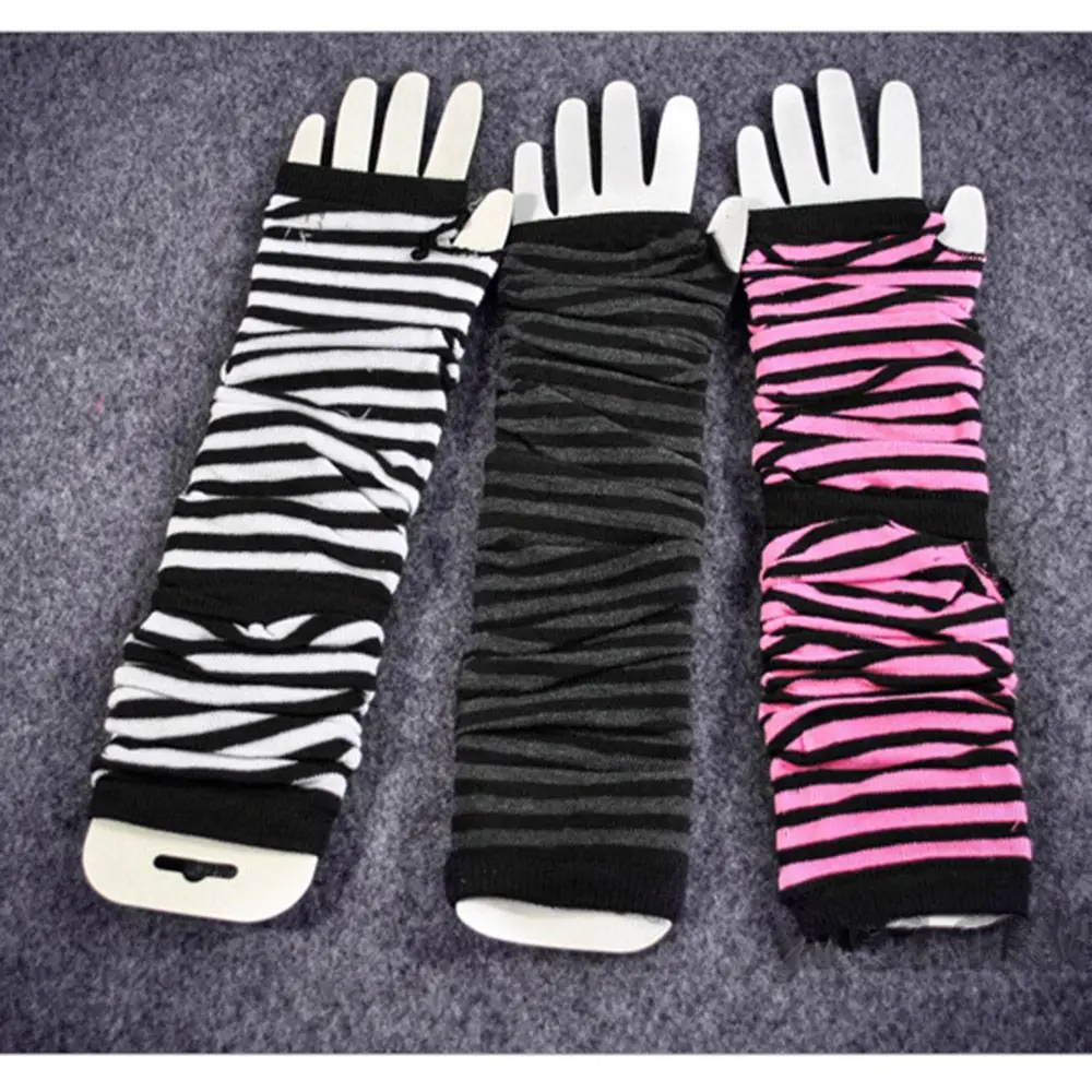 Autumn Wrist Arm Hand Warmers Knitted Fingerless Gloves Long Sleeve soft striped Elbow Mittens |
