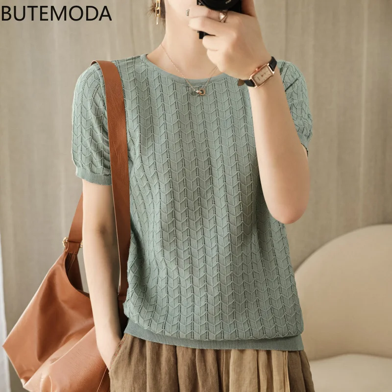 

Butemoda Summer Pure Cotton T-shirt Knitted Sweater Women Loose Thin Short-sleeved T-shirt Pullover Slim Fit Plus Size for Women