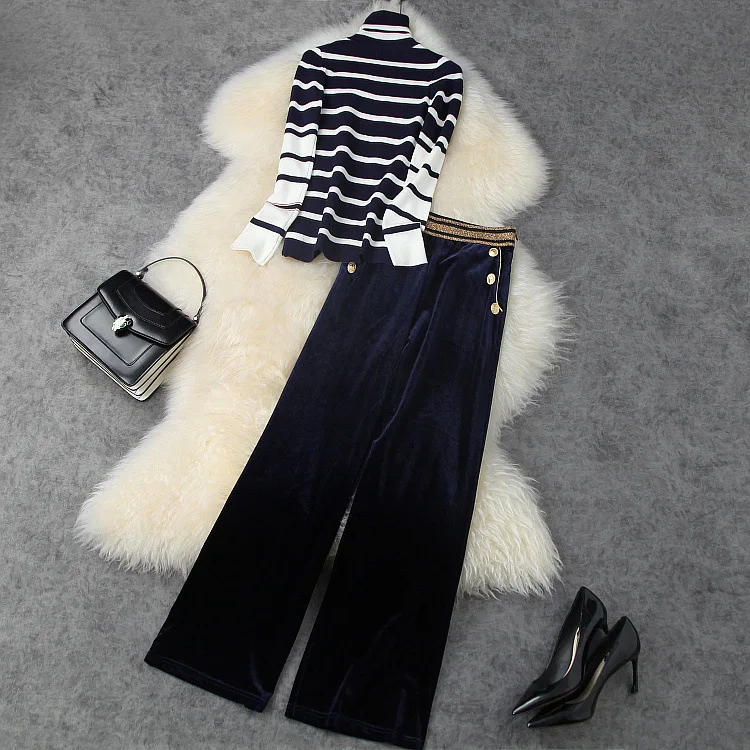

European and American women's wear 2020 winter new style Long-sleeved turtleneck striped sweater Velvet trousers Fashion suit