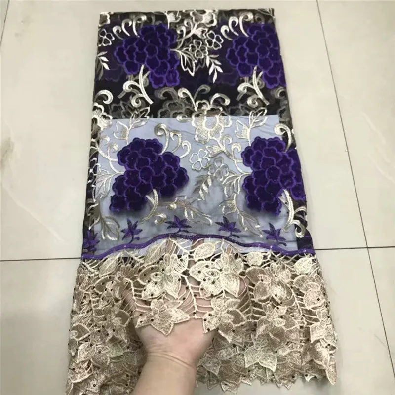 

luxury gold african tulle lace mix velvet lace fabric French Lace fabric with stones 5yards garment material