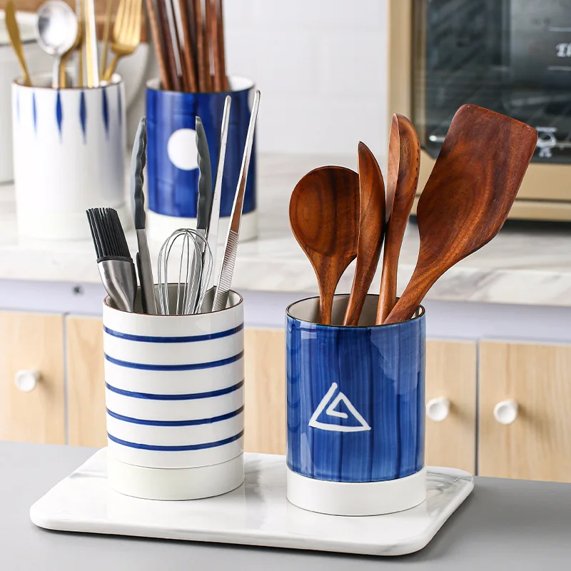 ceramic kitchen cutlery storage tube with drainer bottom gadgets tools organizer box accessories utensils conatiner holder jar free global shipping