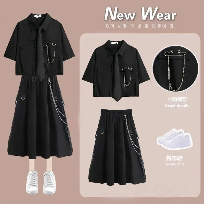 

Women's Two Pieces Set Skirt Jupe Korean Versatile Dark Loose BF Shirt Top Female Short Sleeve Shirt + High Waist A-line Skirt