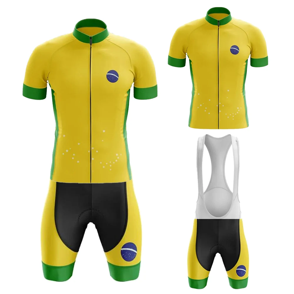 Brazil Men Cycling Jersey Set Short Sleeve Cycling Clothing Bib Shorts Breathable Gel Pad Maillot Ciclismo Hombre