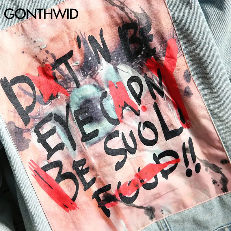 

GONTHWID Denim Jackets Mens Streetwear Graffiti 2021 Hip Hop Casual Patchwork Ripped Distressed Punk Rock Jeans Coats Outwear