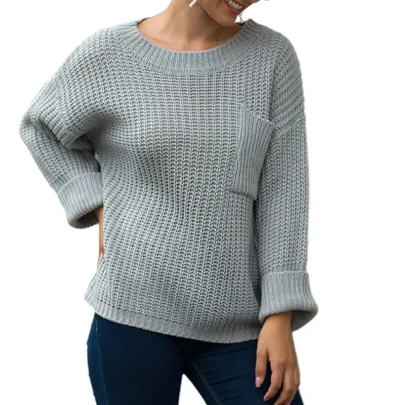 

Women Long Sleeve O-Neck Sweater Chunky Knit Solid Color Pocket Loose Jumper Top F42F