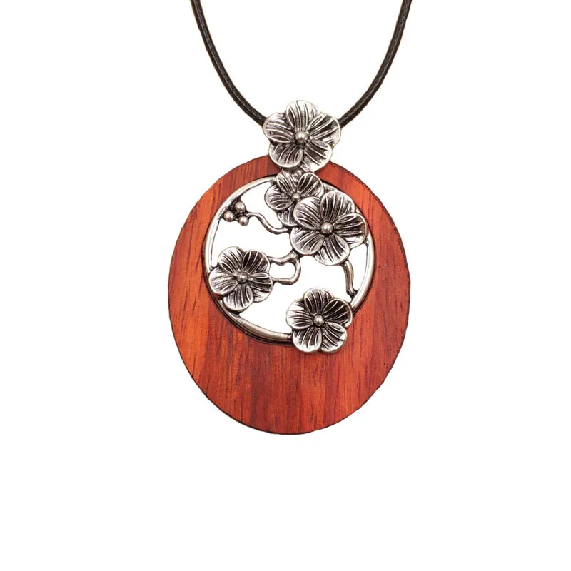 

Оптовая продажа, кулон из розового дерева, длинное ожерелье на свитер, сплав, цветок, инкрустация, деревянная, ретро, металлическая, регулируемая, Вощеная Веревка, ювелирные изделия AI001