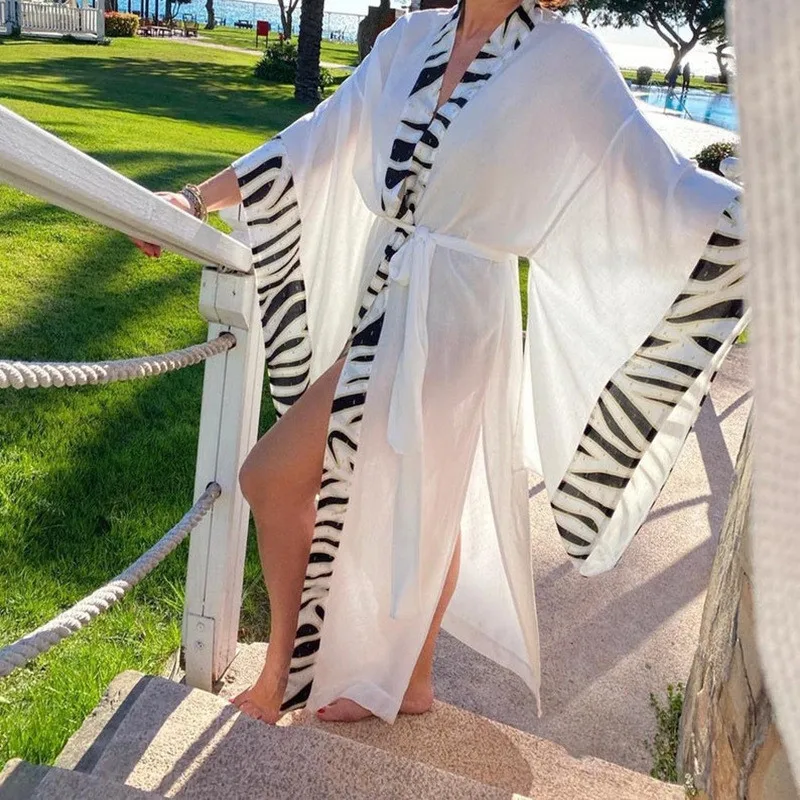 

2021 Summer Print White Beach Cover up Long Dress Tunic Bikinis Cover-ups Women Cardigan Sexy High Spit Casual Dress Robe