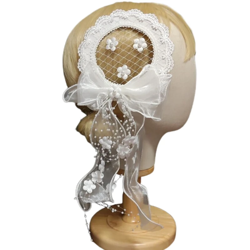 

Lolita Ruffles Lace Hair Clips Bows Adorn with Flower Tassel Lovely Ribbon Bows Hairpins Party Photo Props Headwear
