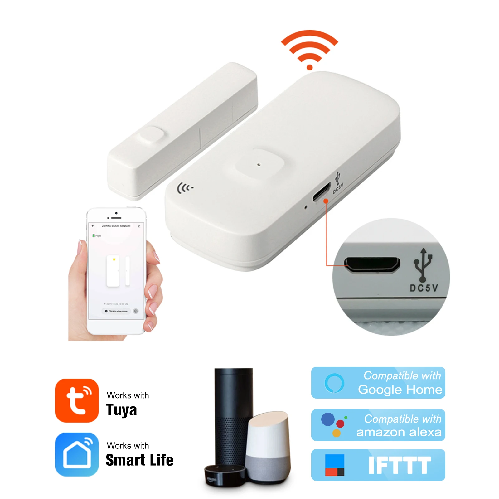 

Датчик двери с Wi-Fi управлением, датчик открытия окон и дверей приложения Tuya, магнитный переключатель, совместим с Alexa Google Home