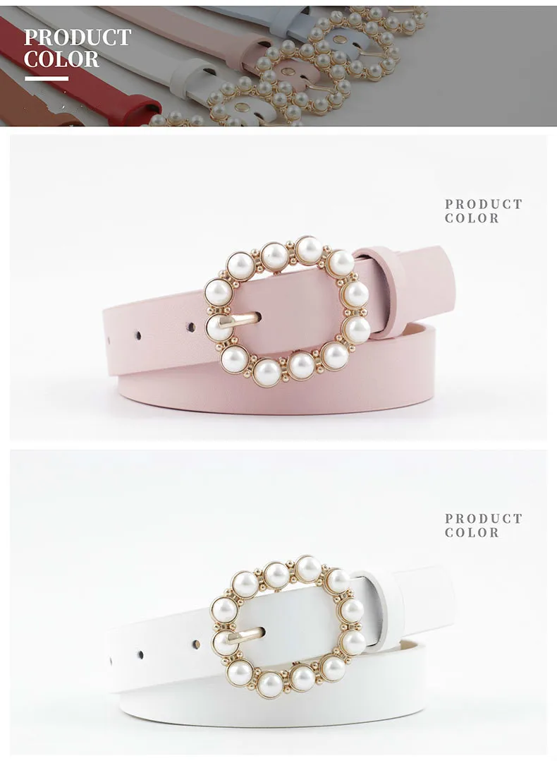 Fashion Pearl Decorative Belt Ladies Belt Round Pin Buckle Pearl Belts Women's Casual Solid PU Leather Thin Belt