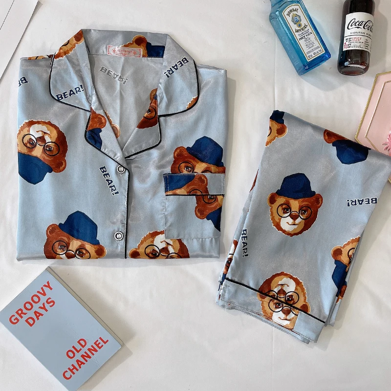 CAIYIER Women Pajamas Set Autumn Long-sleeved Pants Cute Turn-down Collar Nightwear Sexy Silk Cartoon Cartoon  Home Clothing 2XL