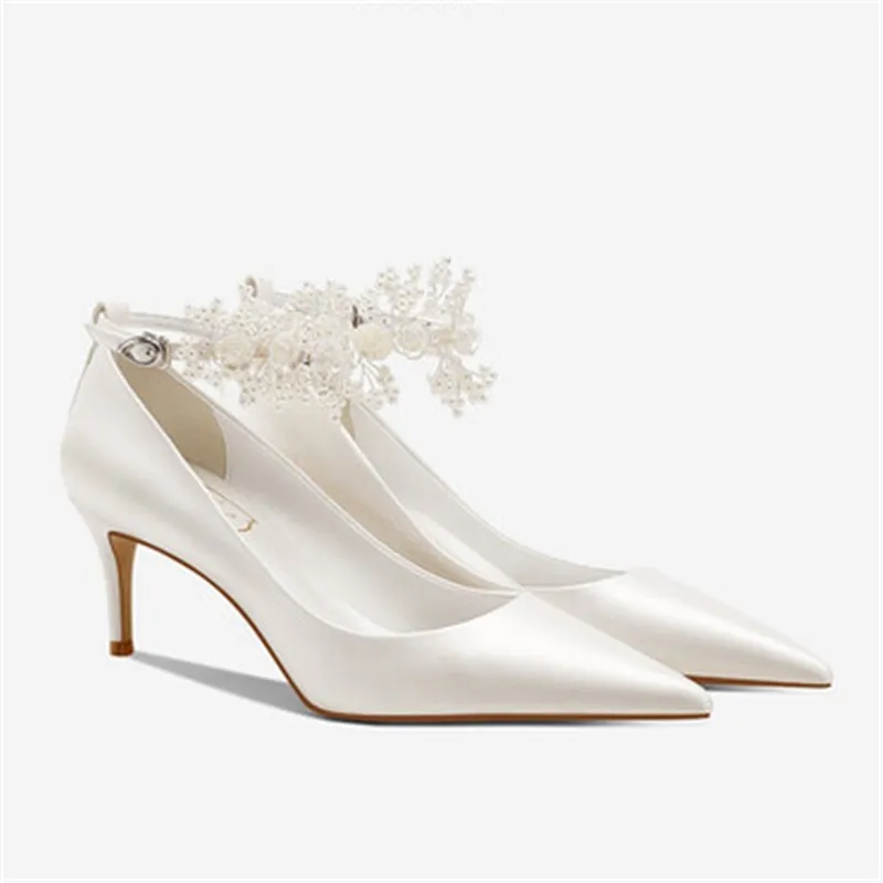 

2021 весенние шелковые вечерние классические туфли большого размера, простые жемчужные белые свадебные туфли, туфли-лодочки на шпильке, женс...