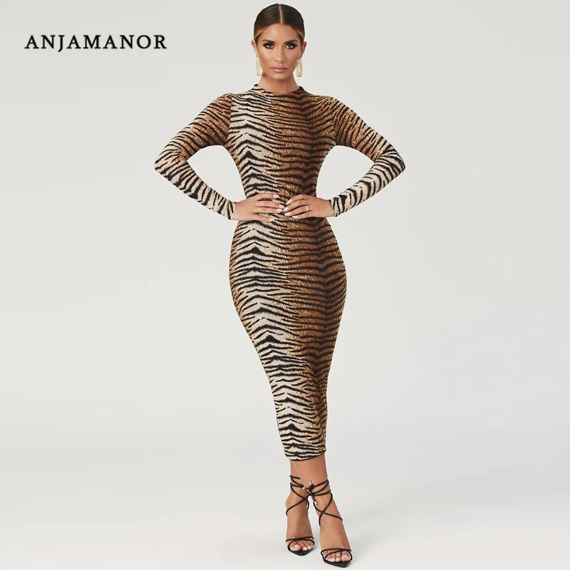 ANJAMANOR тигр животных печати с длинным рукавом Bodycon платье для женщин осень зима