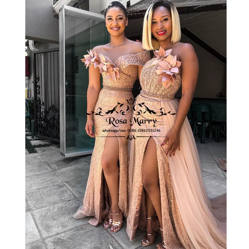 

Rose Gold Sequined Mermaid African Bridesmaids Dresses 2021 Mix Style Plus Size Country Beach High Split vestido dama de honor