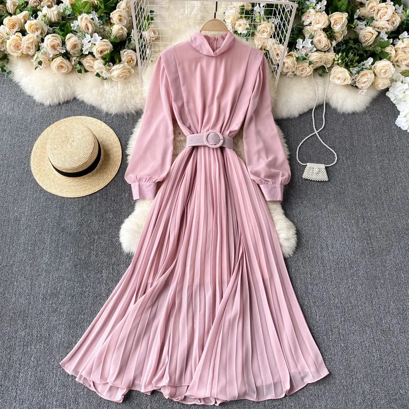 

Spring And Summer Solid Color Sundresses Women's Dress Light Elegant Holiday Orange Pleated Chiffon Maxi Dress Femme Robe