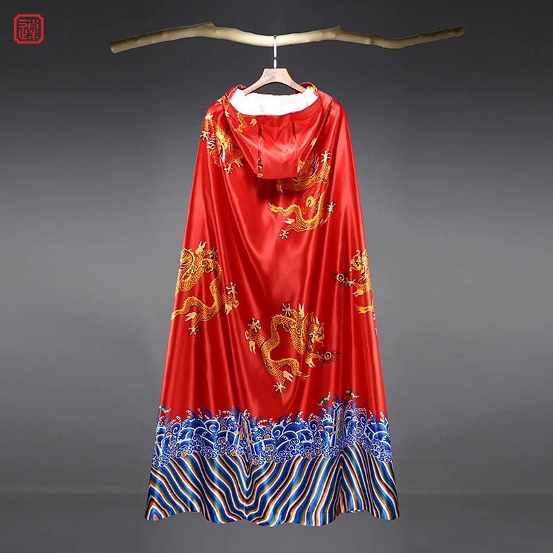 

Chinese Style Han Chinese Clothing Cloak Men's Ancient Style Spring Satin Vintage Printed Dragon Robe Personality Hooded Ethnic