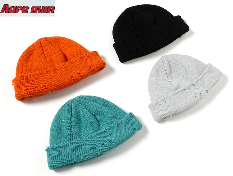 

Fragmented hole knitted hat beggar fragmented edge melon skin hat curled edge thermal wool short cold hat for men and women