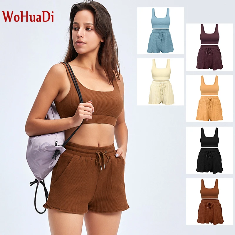

WOHUADI 2022 Casual Sports Yoga Shorts Set Wear Gym Fitness Suit Women Clothes Vest Top Bra Stripe Sportswear High Waist Pant