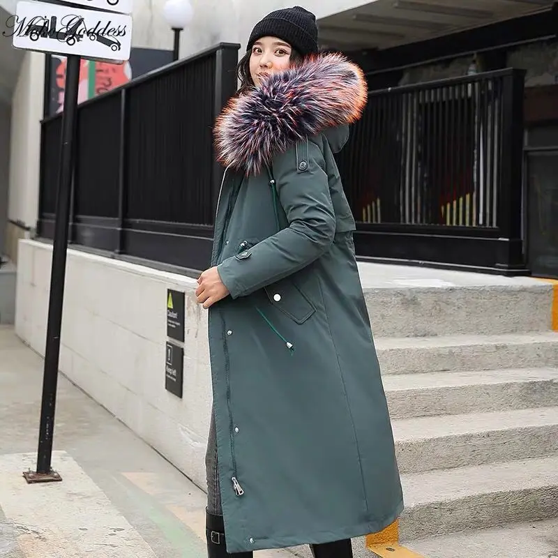 

Mokoбогиня модная длинная съемная подкладка из овечьей шерсти Паркер хлопковая куртка пальто новая теплая женская зимняя куртка из большого ...