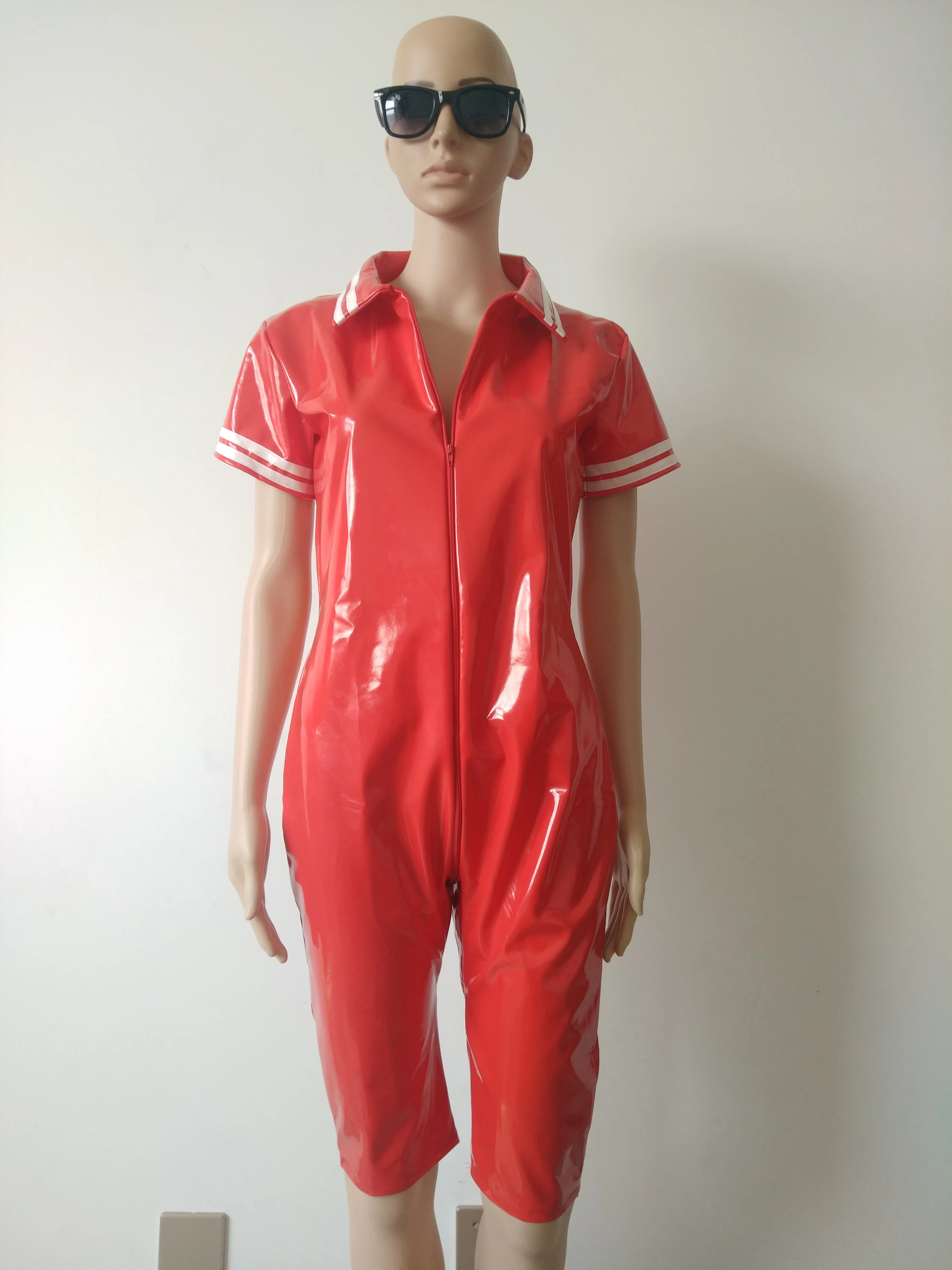 Женское сексуальное боди с белыми полосками из искусственной кожи мокрым