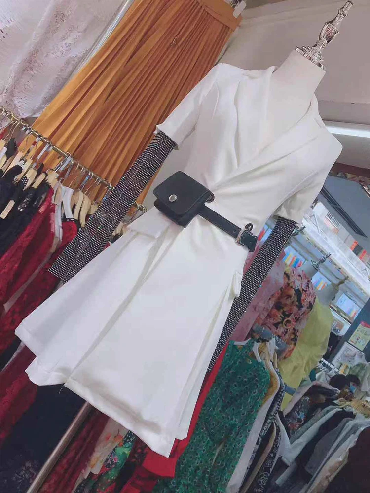 

Free shipping suit collar long sleeve stitching contrast double breasted dress ladies spring personality temperament big swing