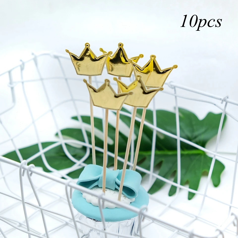 Gold crown 10 шт./лот Блестящий Топпер для торта звезды и сердце и корона детский душ декор для дня рождения Свадебный декор кекса топперы - Цвет: Gold crown