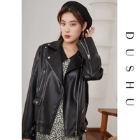 dushu casual streetwear zipper black leather jacket women long sleeve vintage spring jacket coat female biker jacket plus size