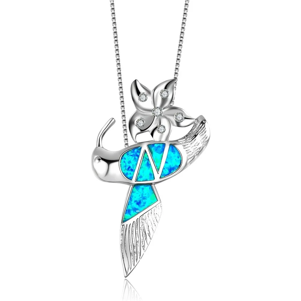 

Модное ожерелье с кулоном в виде голубого опала и колибри, ожерелье с кулоном в виде животного, цветок, цепочка с кристаллами, женское очаров...