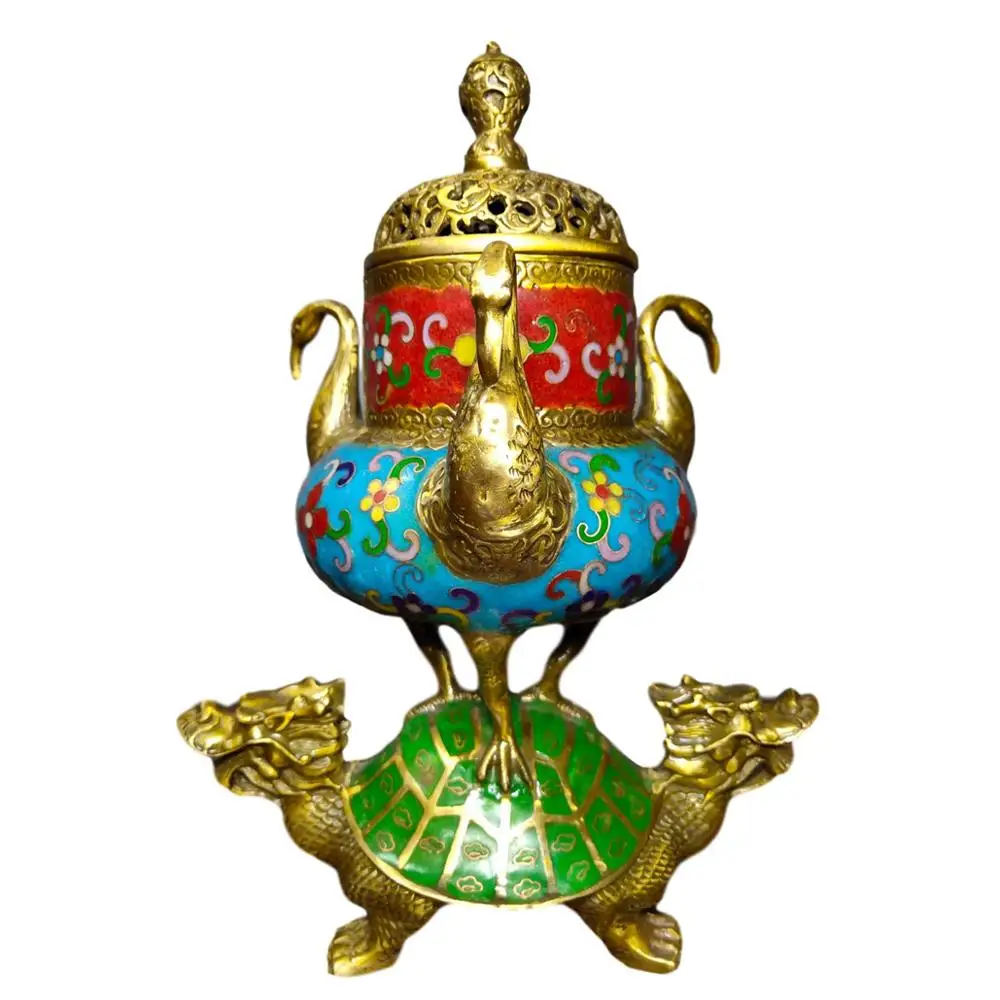 

LaoJunLu Old Tibetan Pure Copper Cloisonne Hand-Made Cloisonné Enamel Color [Exclusive] A Turtle And Three Incense Cranes
